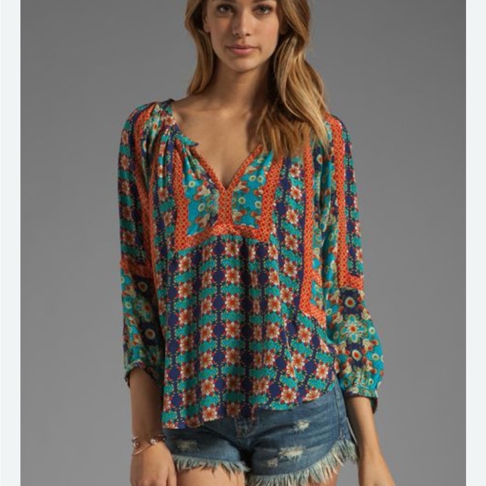Tolani 100% Silk Boho Blouse Womens Small Blue Floral Tunic Peasant Top